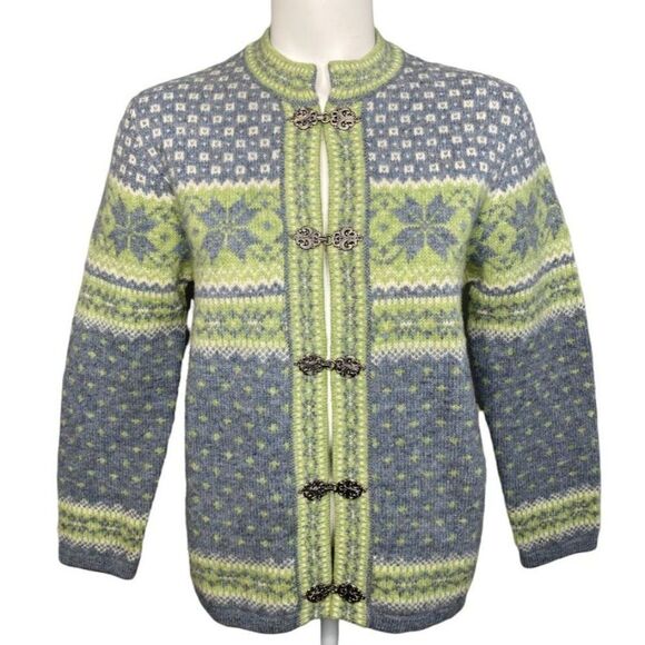 Vintage Carroll Reed Green‎ Gray Wool Frog Clasp Fair Isle Cardigan Sz Small - Picture 1 of 8